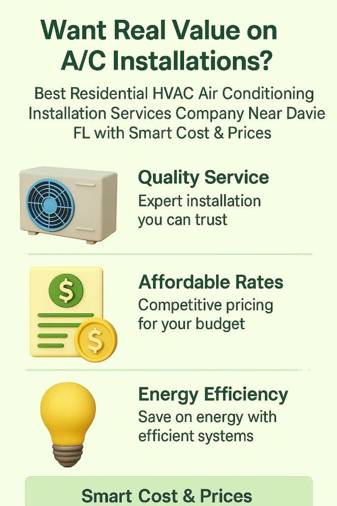 Want Real Value on A/C Installations? Best Residential HVAC Air Conditioning Installation Services Company Near Davie FL with Smart Cost & Prices 2 "Vertical infographic showing top residential HVAC A/C services near Davie, FL with 3D icons for quality, cost, and efficiency on a green background and a summary box at the bottom."