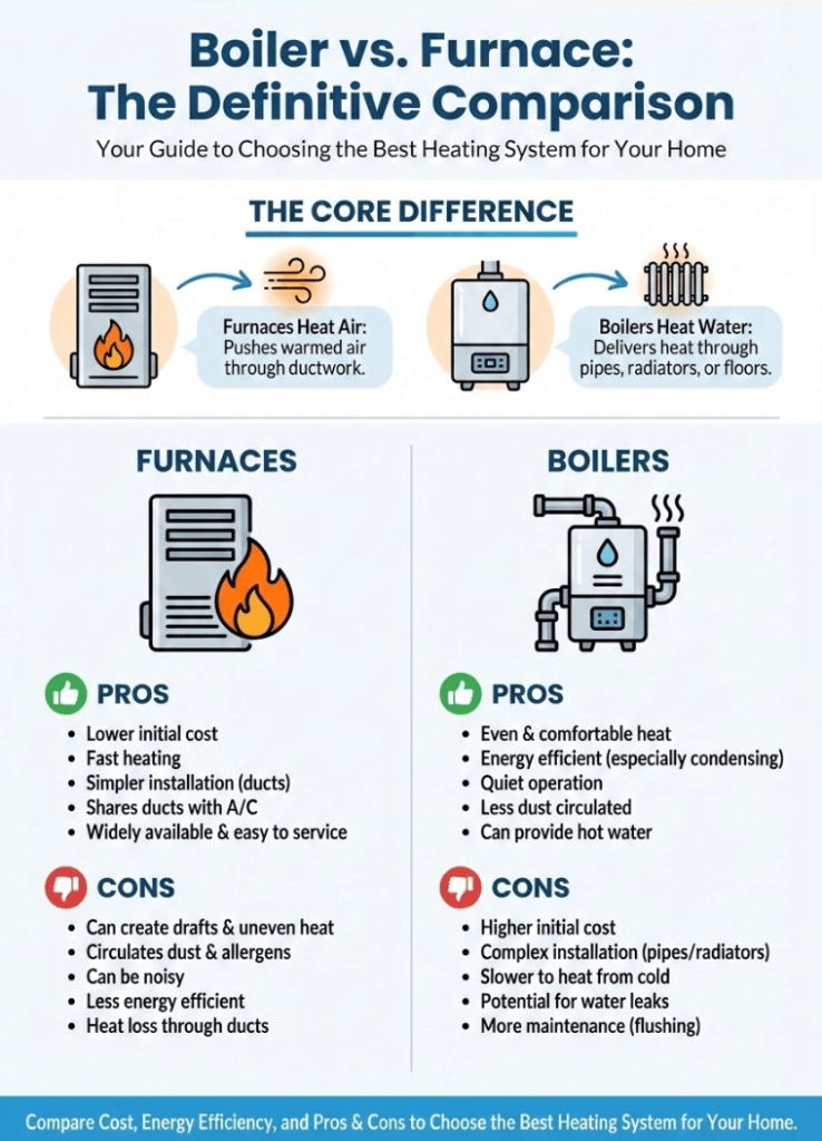 Boiler or Furnace: Which Is Better? Compare Cost, Energy Efficiency, Pros & Cons to Choose the Best Heating System for Your Home 2 Infographic of Boiler or Furnace: Which Is Better? Compare Cost, Energy Efficiency, Pros & Cons to Choose the Best Heating System for Your Home